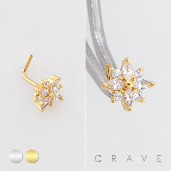 DIMENSIONAL FLORAL MULTI CZ CLUSTER POLISH 316L SURGICAL STEEL L-SHAPE NOSE RING